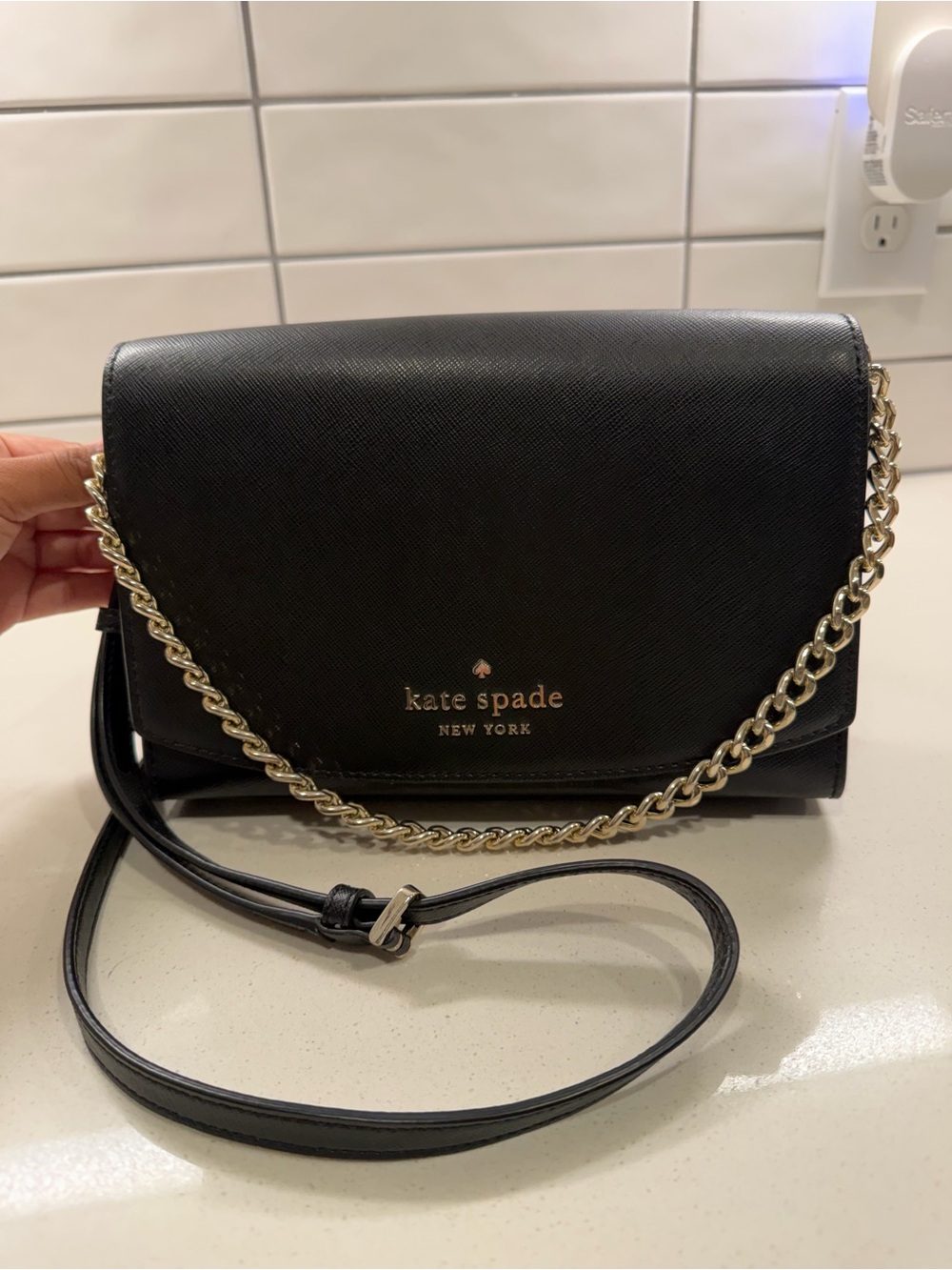kate spade Black Leather Crossbody with Gold Chain